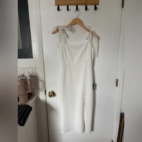 Lulus Romantic Celebration White Tie-Strap Bodycon Midi Dress Size medium Bridal - Picture 3 of 10
